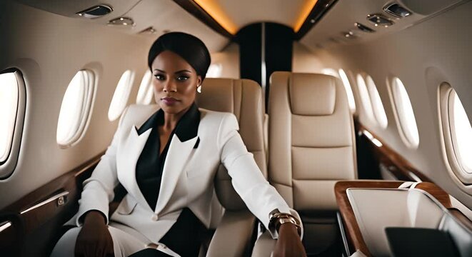 Black businesswoman in a private jet.
