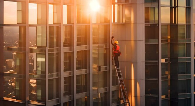 Cleaner cleaning the windows of a skyscraper.