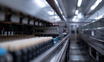 Dairy plant. Food production, dairy plant. Automated filling of milk and yoghurt into bottles. Bottling milk production line factory, industry equipment. Production concept.
