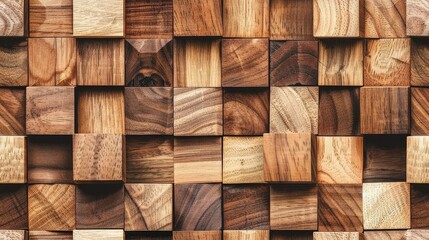 A seamless pattern of wooden squares, each with its own unique grain and texture, arranged in an aesthetically pleasing composition for wall decoration. SEAMLESS PATTERN
