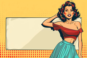 Pop art illustration with young woman in fashion dress. Vintage style, copy space