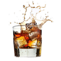 Ice Dropping With Splash In A Glass Of Whiskey Isolated On Transparent Background. Png File. Ai Generated
