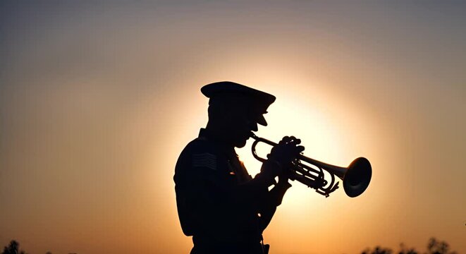 Military man playing the trumpet in a tribute.
