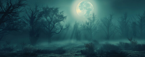 Fototapeta premium Halloween background with a dark, eerie forest and a full moon casting shadows.