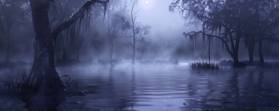 Halloween background with a dark, foggy swamp and mysterious lights in the distance.