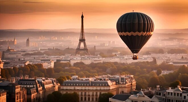 Hot air balloon flying over Paris.