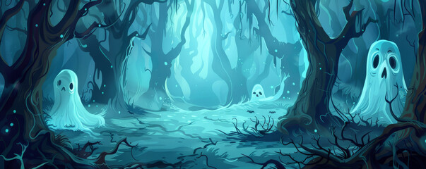 Halloween background with a haunted forest and ghostly apparitions.