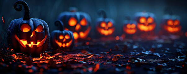 Halloween background with a row of eerie jack-o'-lanterns glowing in the night.