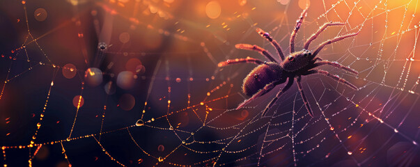 Halloween background with a spider web covered in dew drops and a large spider.