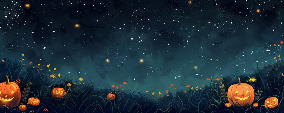 Halloween background with a pumpkin patch under a dark, starry sky.