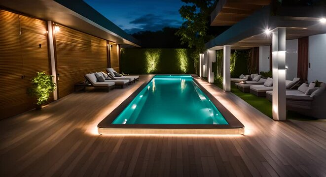 Pool illuminated with LED lights.