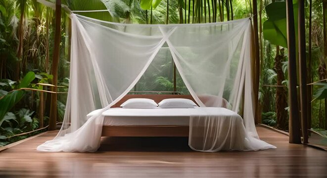 Bed with mosquito net in a hotel in the jungle.