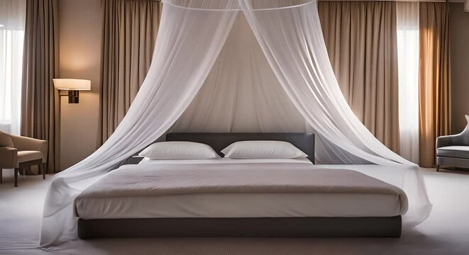 Bed with mosquito net in a hotel.