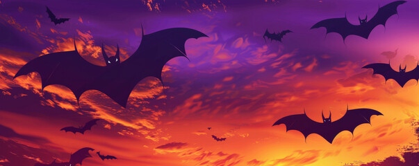 Halloween background with bats flying across a purple and orange sunset sky.