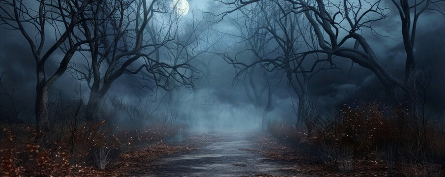 Halloween background with creepy, bare trees and a path leading into darkness.