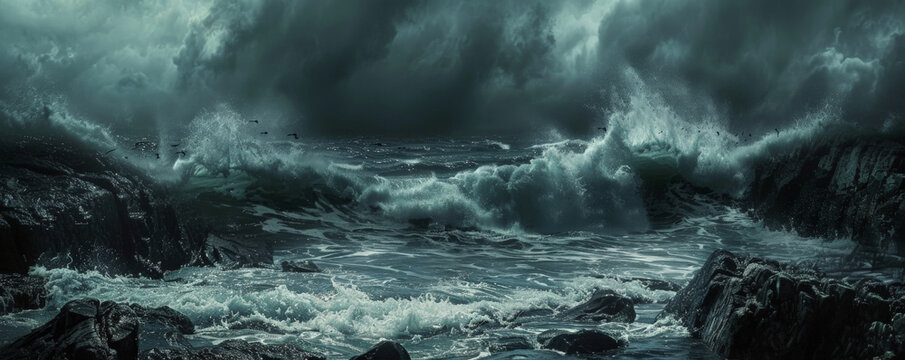 Halloween background with dark, stormy ocean waves crashing against jagged rocks.