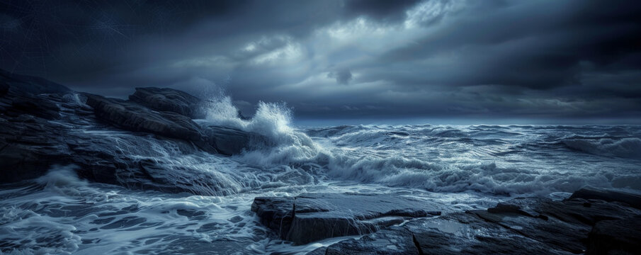 Halloween background with dark, stormy ocean waves crashing against jagged rocks.
