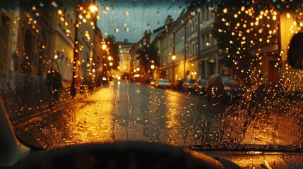 Mesmerizing rain seen through a car windshield with city lights reflecting on the wet street.