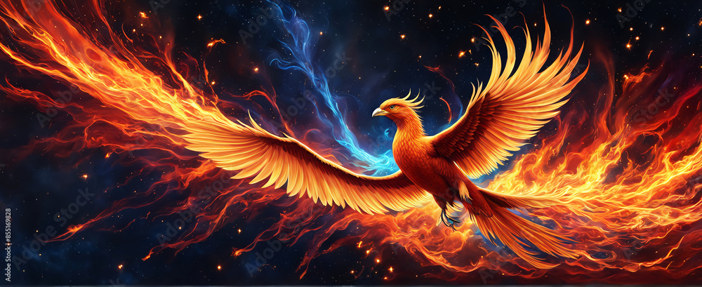 Wall mural phoenix bird fire fantasy firebird abstract magic 3d eagle animal. phoenix bird fire tale character 