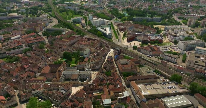 Aerial view around the town Dijon. Flight through the historic center of Dijon, the capital of Burgundy. Ancient hotels of the Middle Ages have been preserved to this day. French culture