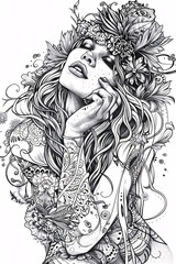 Fototapeta premium Black and White Line Art Portrait of a Woman with Intricate Details and Expressive Features, Artistic Fashion Illustration