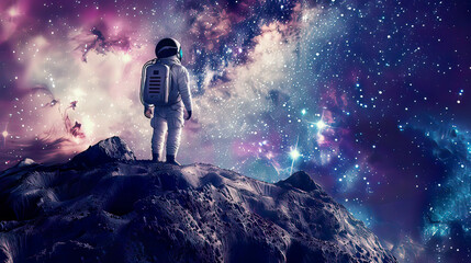 Obraz premium Astronaut on a rocky surface set against the deep star-filled expanse of space highlighting the beauty and mystery of the universe and the spirit of human exploration 