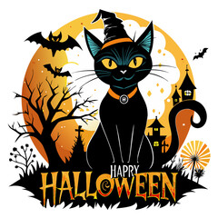Happy Halloween with a witch's cat silhouette for t-shirt design
