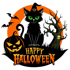 Happy Halloween with a witch's cat silhouette for t-shirt design