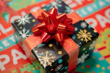 A beautifully wrapped Christmas box with a shiny red bow on top, sitting on a colorful background with bold white 'BLACK FRIDAY' letters. Perfect for holiday promotions and sales.