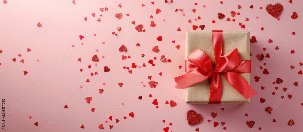 Poster a gift box with a red ribbon and heart-shaped confetti on a pink background, in a top view web banne