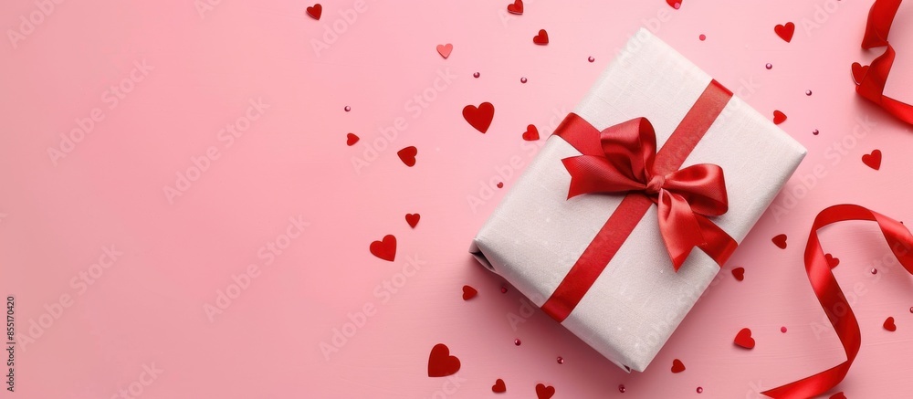 Poster a gift box with red ribbon and hearts on a pink background, in a top view web banner with empty spac