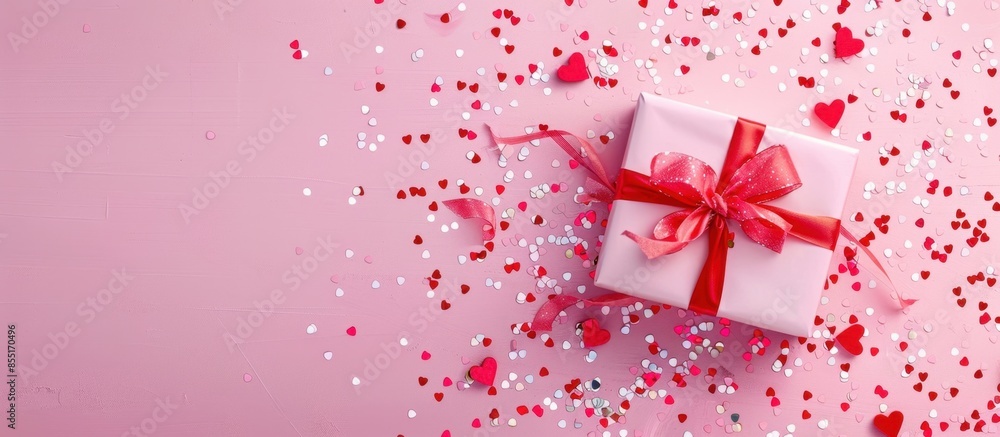 Poster a gift box with a red ribbon and heart-shaped confetti on a pink background, in a top view web banne