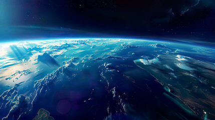Fototapeta premium Beautiful depiction of Planet Earth as seen from space with clear blue waters diverse landscapes and dynamic cloud patterns surrounded by the serene darkness of the cosmos 