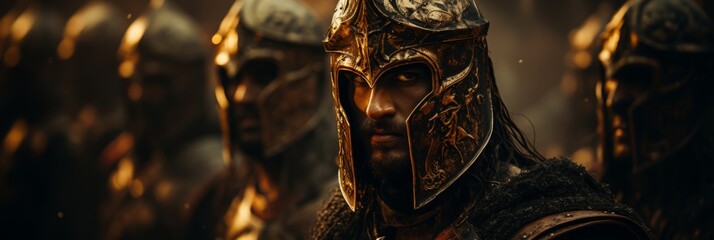 Obraz premium Gladiators with armor are standing together, Ready to fight. reconstruction of the ancient Greek battle. intense close-ups, cinematic stills, selective focus.