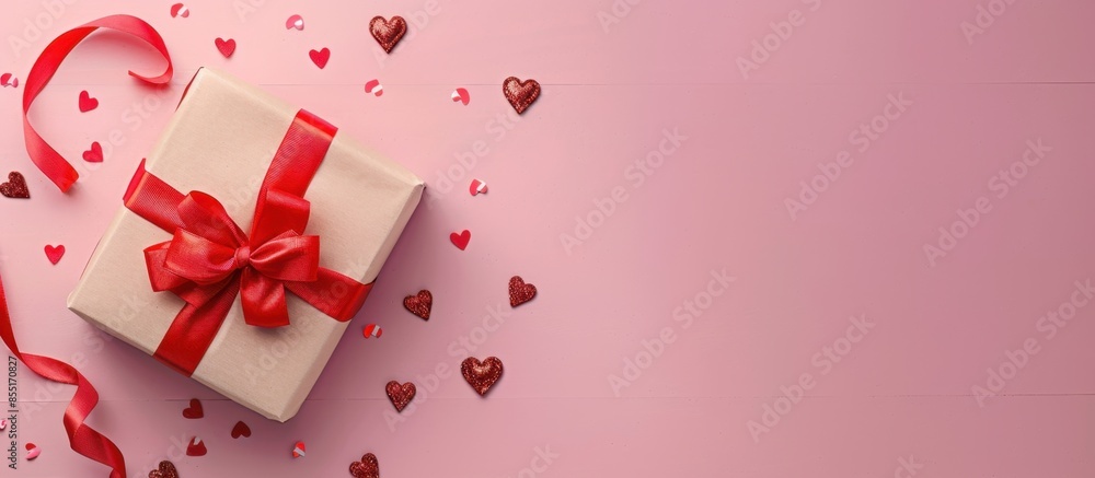 Poster a gift box with red ribbon and hearts on a pink background, in a top view web banner with empty spac