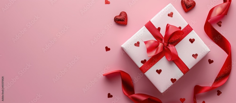 Poster a gift box with red ribbon and hearts on a pink background, in a top view web banner with empty spac