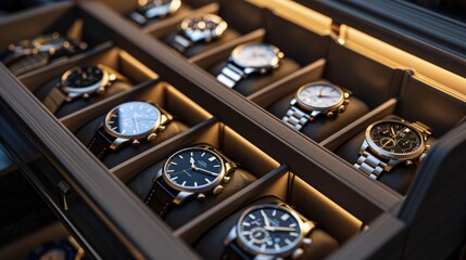 A luxury watch storage background featuring a high-end watch  drawer with various compartments each holding a prestigious watch, under soft accent lighting. - Powered by Adobe