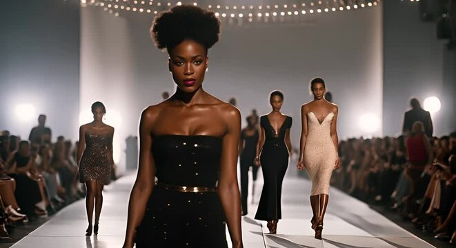 Black model on a fashion catwalk.