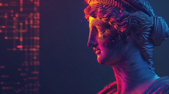 ancient side profile of women classical statue with neon lighting modern digital glitch effect with copy space