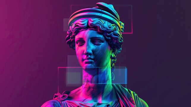 classical women statue bust with neon abstract glitch patches on dark background