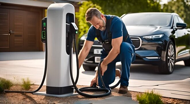 Technician repairing or installing an EV charger for electric cars.
