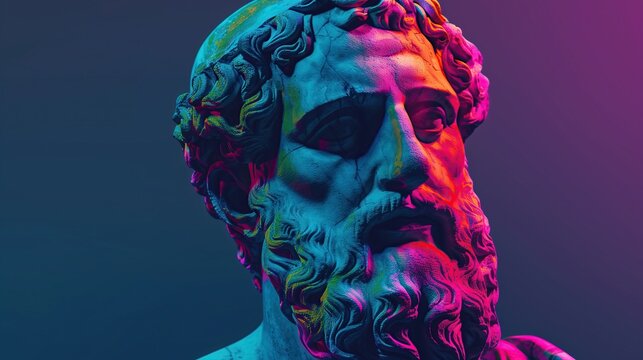 greek roman statue bust of old beard man in colorful glitch effect modern neon aesthetic style