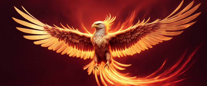  Phoenix bird fire fantasy firebird abstract magic 3D eagle animal. Phoenix bird fire tale character illustration render hawk fairy wings graphic feather gold background Fenix logo icon red art phoeni