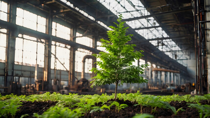 tiny lush tree with blurred industrial factory describe sustainable green concept