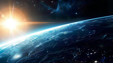 Beautiful image of Earth against the backdrop of a blue nebula and a glowing hot sun with the dark star-filled expanse of space creating a serene and captivating cosmic scene 