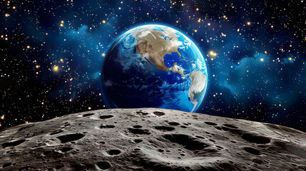 Beautiful image of Earth rising above the horizon of the moon with the stark rugged lunar landscape providing contrast to the vibrant colors of Earth creating a captivating and serene view 