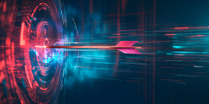 arrow hits digital target with accuracy, powered by data and cyber technologies. perfect for illustrating digital marketing success, business achievements, and data-centric targeting strategies