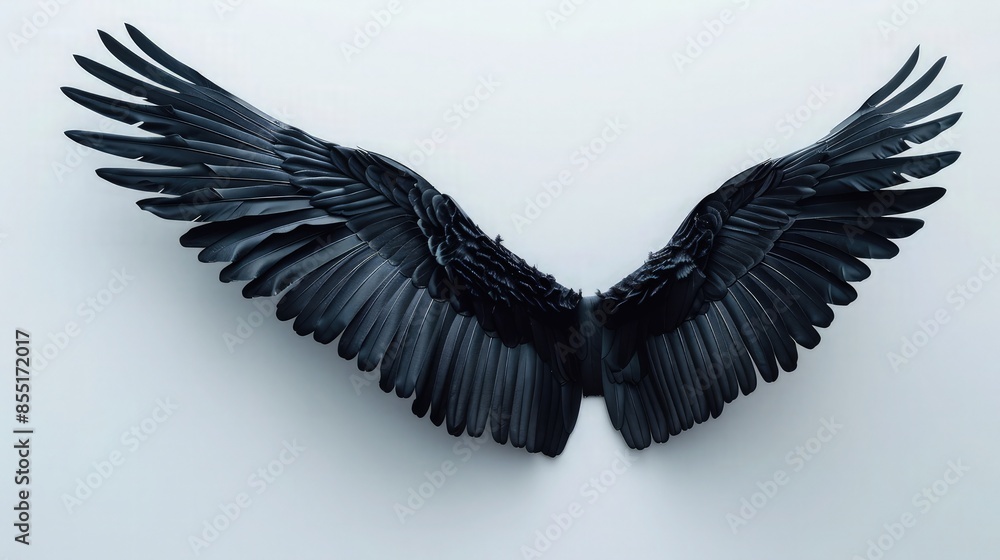 Poster a minimalist background featuring a single black wing extended across a stark white canvas, creating
