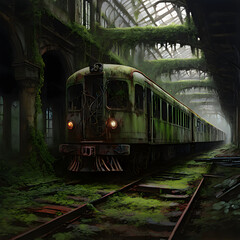 Fototapeta premium Abandoned Train Station Enveloped by Nature's Embrace