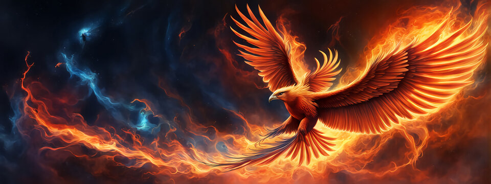  Phoenix bird fire fantasy firebird abstract magic 3D eagle animal. Phoenix bird fire tale character illustration render hawk fairy wings graphic feather gold background Fenix logo icon red art phoeni